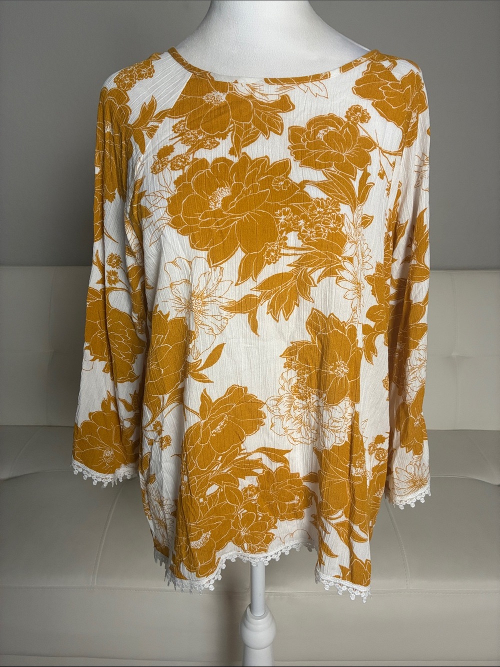 Papermoon White and Mustard Floral Lace-Trim Blouse
